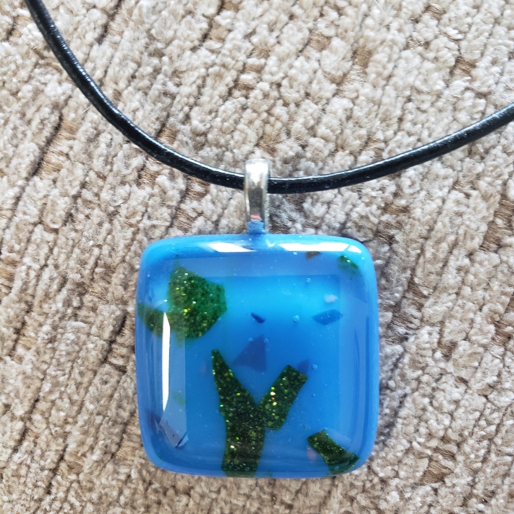 Fused glass pendant,  medium blue